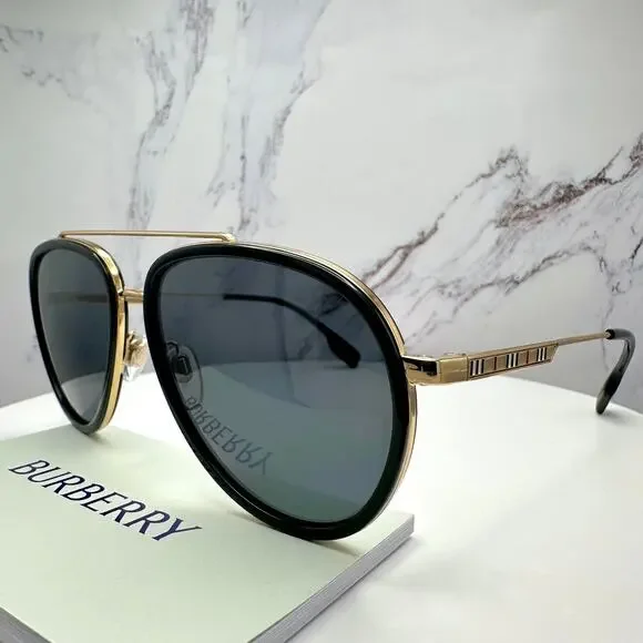 New Burberry Sunglasses Polarized Gold Black Check Arms Aviator Pilot Metal - Picture 9 of 16